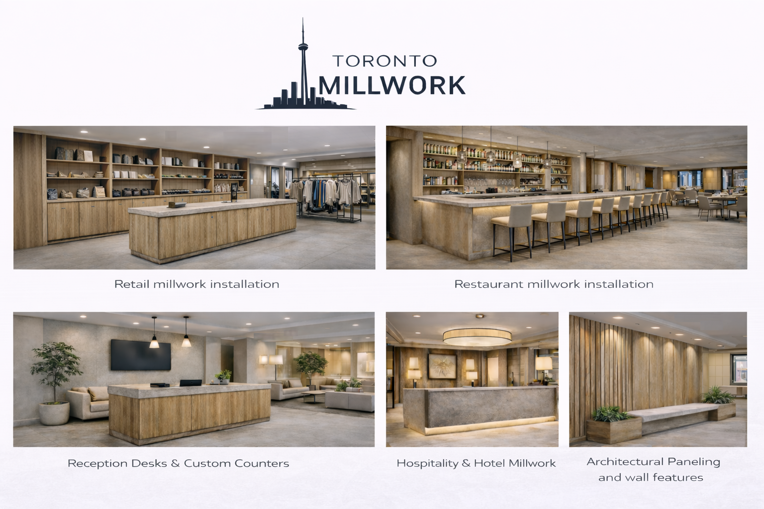 Millwork Toronto services include: Retail Store Millwork Installation in Toronto
Restaurant & Hospitality Millwork Installation
Reception Desks and Commercial Custom Counters
Architectural Wood Paneling and Feature Wall Installation