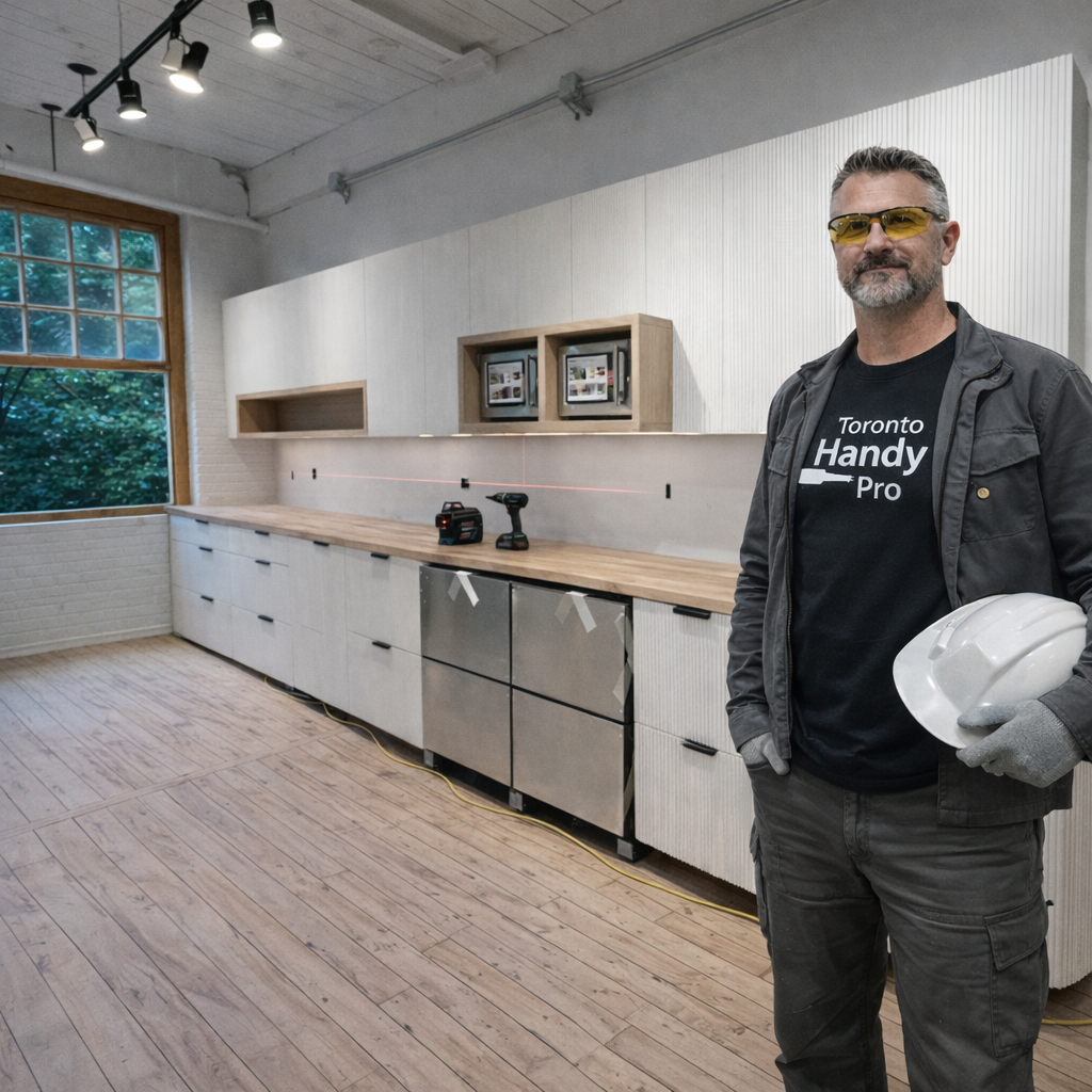 Custom millwork installation in Etobicoke, modern kitchen cabinetry, wood countertops, and professional millwork services by Toronto Handy Pro