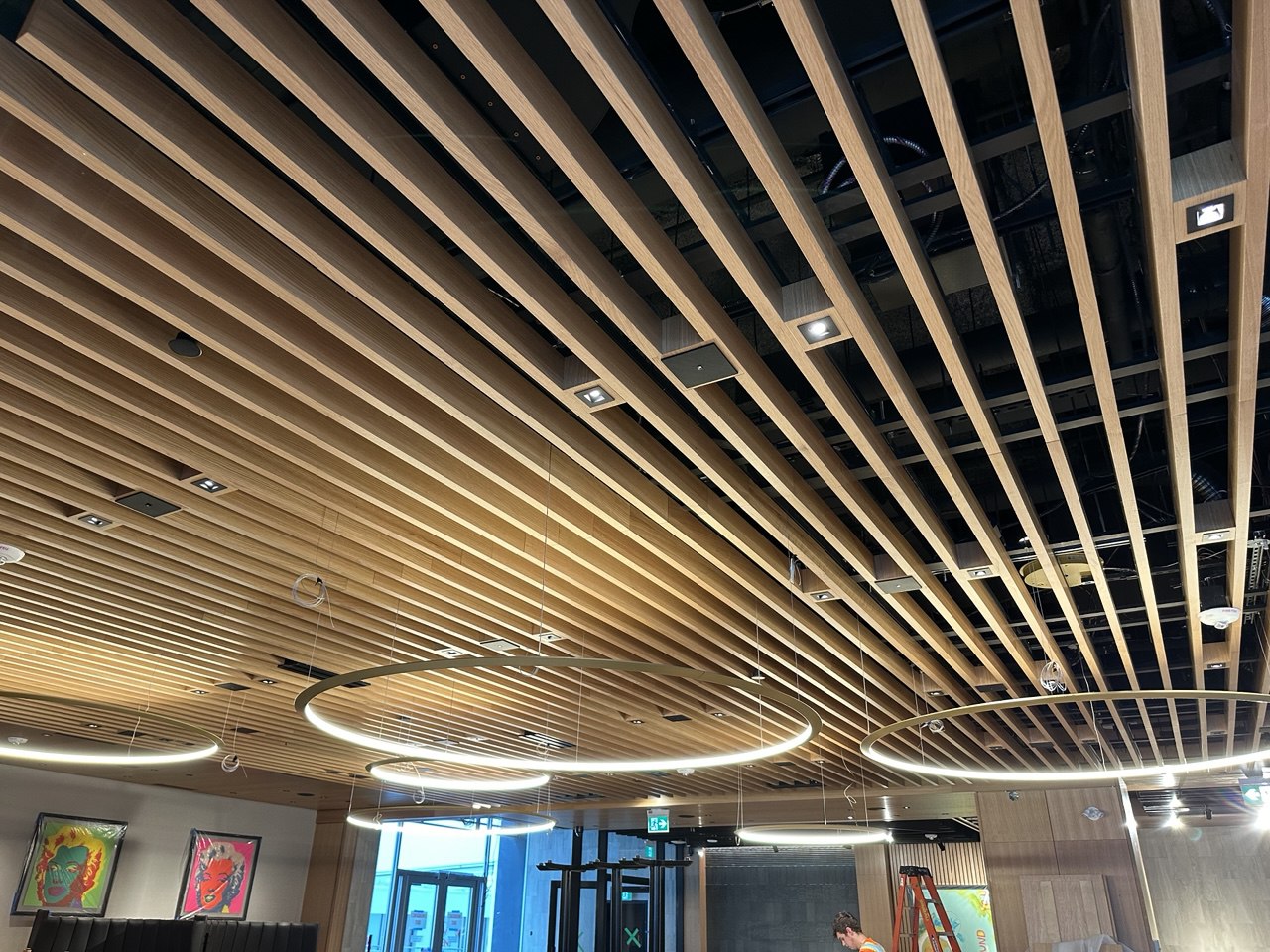 custom wood ceiling in Toronto restaurant, commercial millwork