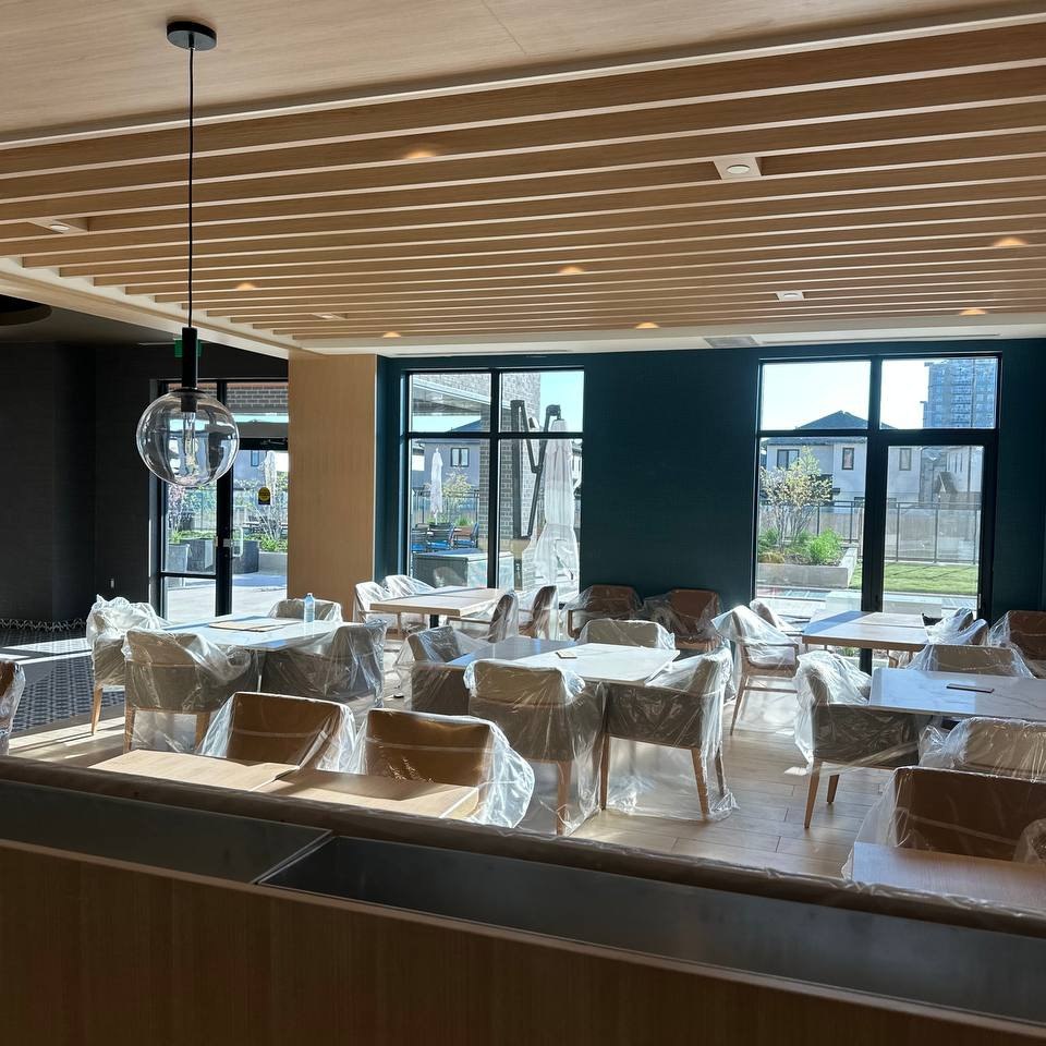 Wood slat ceiling millwork installation in restaurant interior in Toronto and GTA
