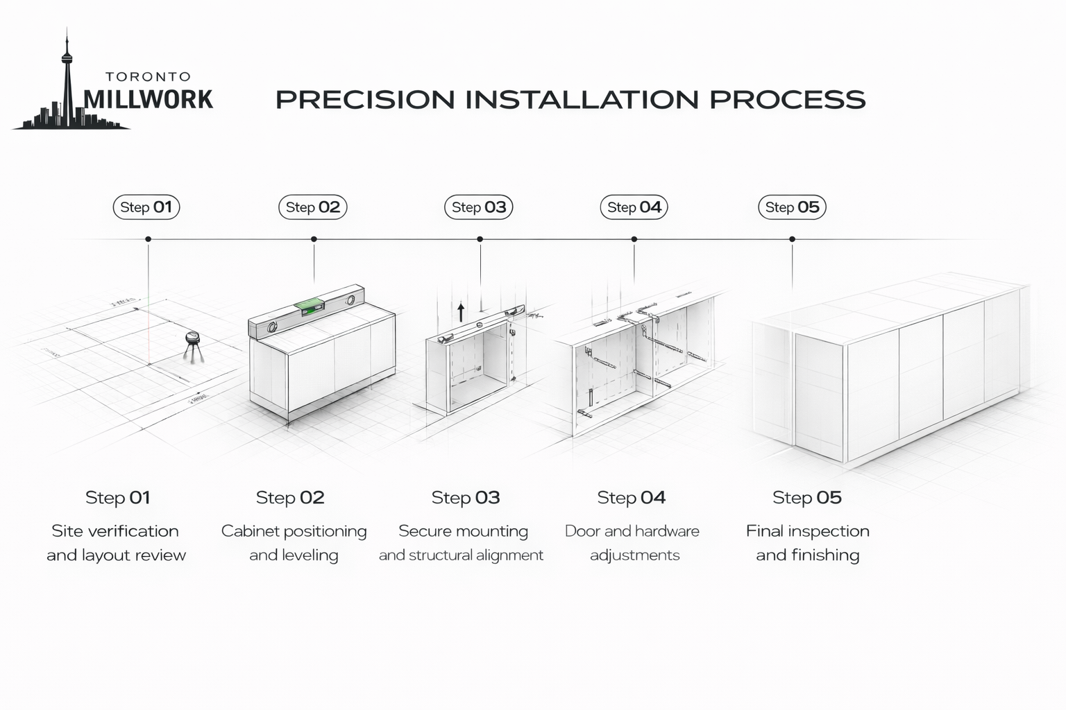 Millwork Toronto Precision Installation Process by stages; 5 stages shown