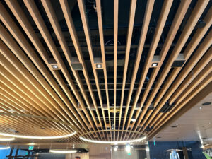 custom wood ceiling in Toronto restaurant, commercial millwork