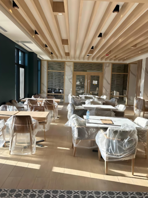 Custom decorative wood slat ceiling installation in North York commercial restaurant